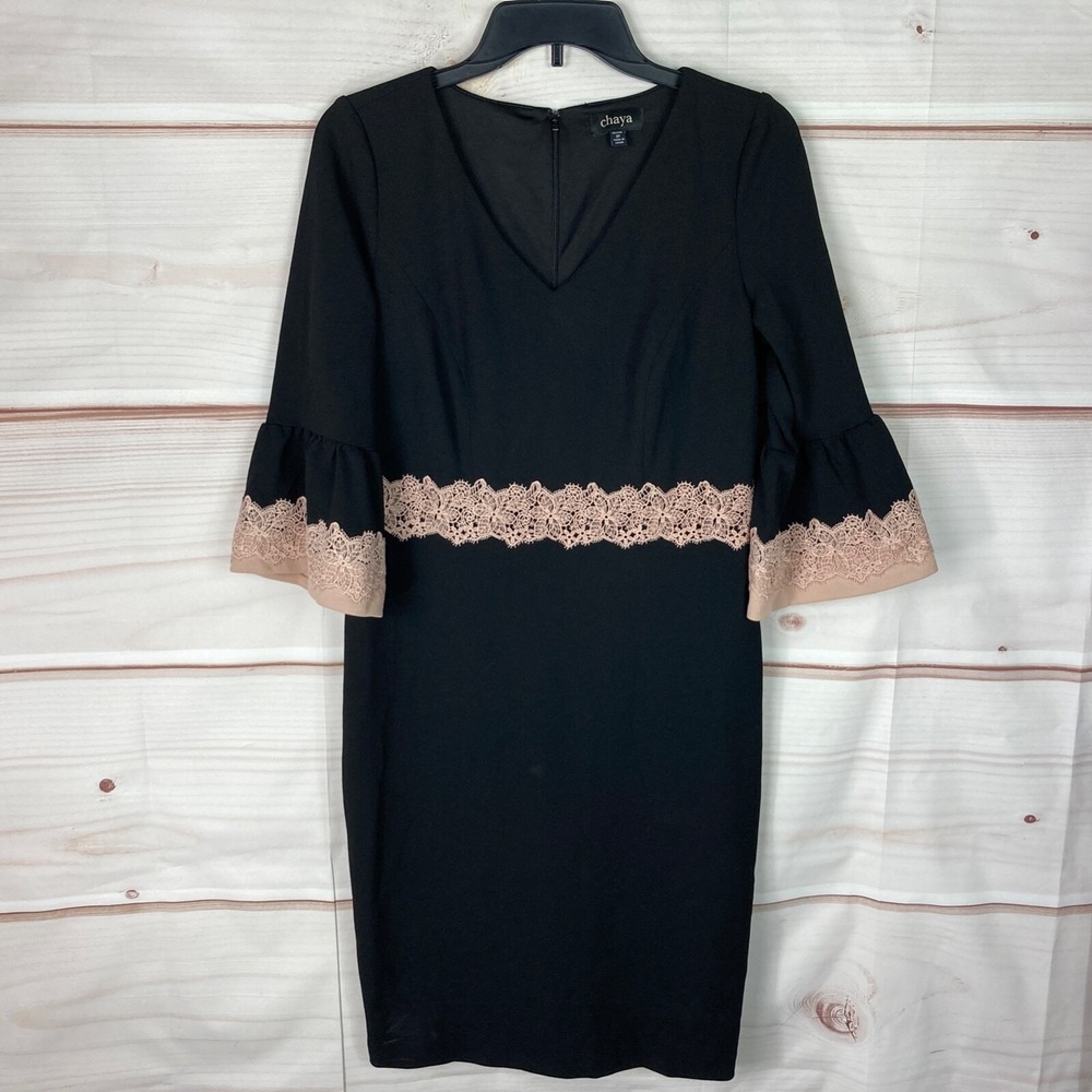Chaya Dress Womens 8P Petite Black Sheath Bell Sleeve V-Neck‎ Lace Trim Stretch